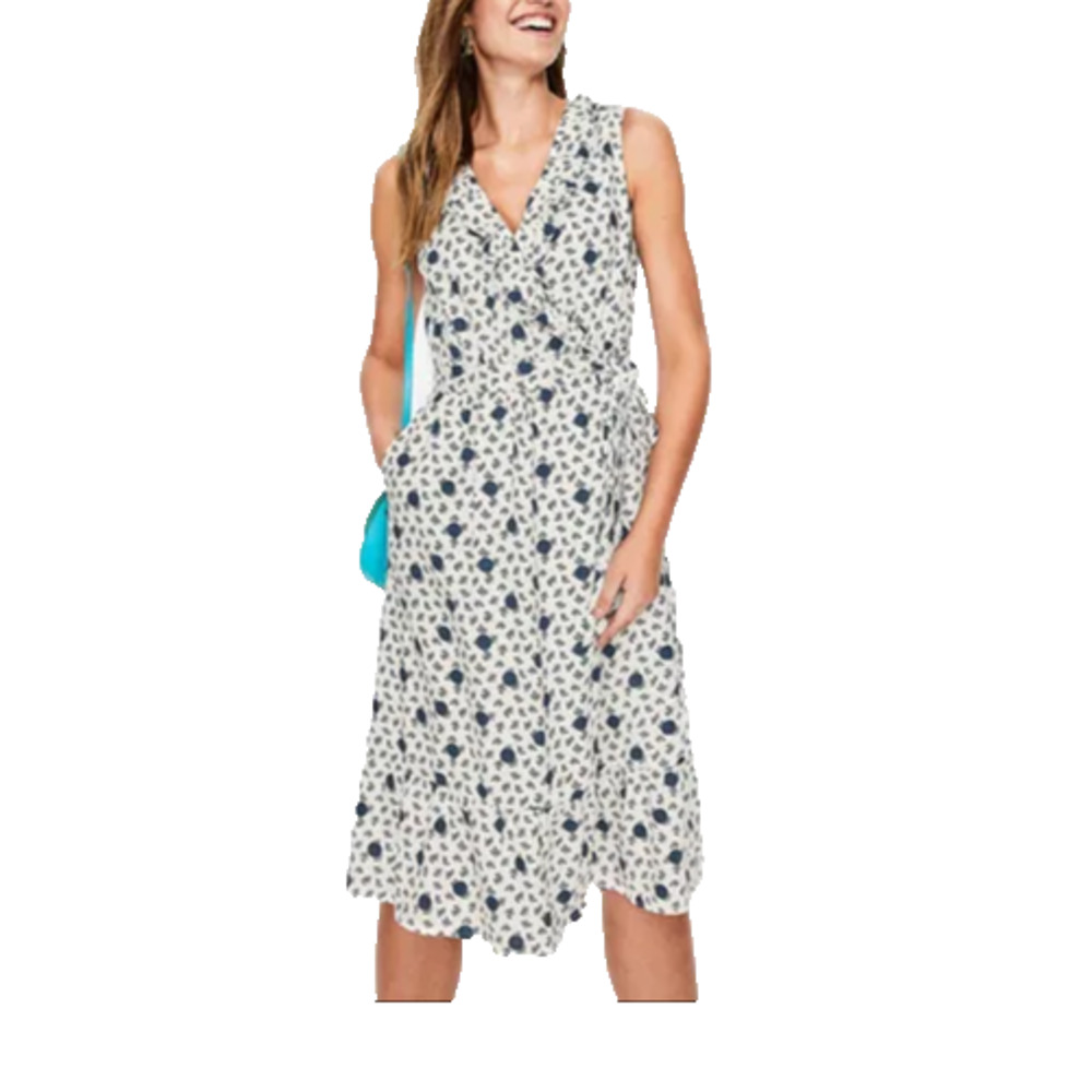 Boden Nancy Linen Midi Dress flower v-neck 8 R White blue A004530 - Picture 2 of 13